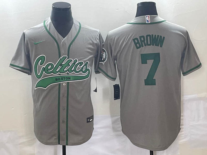 Men's Boston Celtics #7 Jaylen Brown Grey With Patch Stitched Baseball Jersey