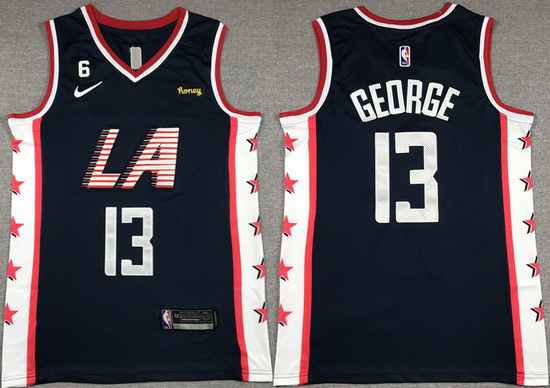 Men Los Angeles Clippers 13 Paul George Navy 2022 23 City Edition With NO 6 Patch Stitched Jersey