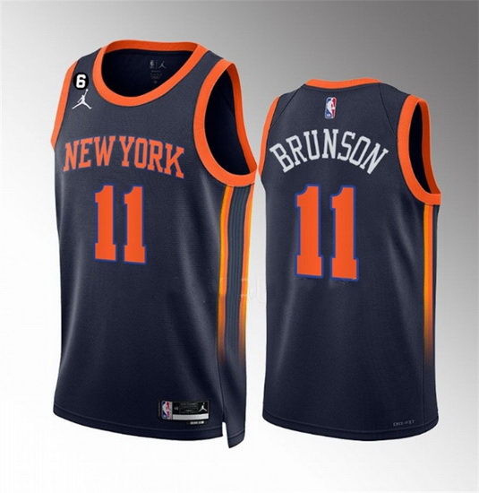 Men New Yok Knicks 11 Jalen Brunson Navy Statement Edition With NO 6 Patch Stitched Basketball Jerse