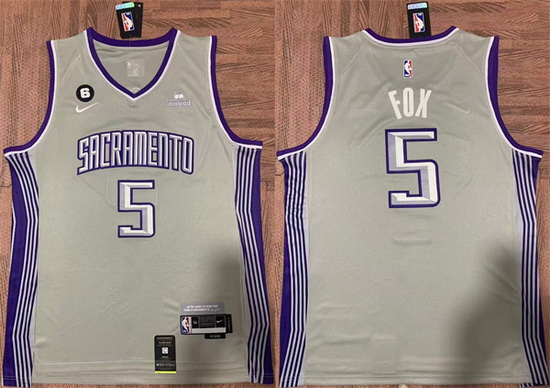 Men Sacramento Kings 5 De 27Aaron Fox Gray No 6 Patch Stitched Jersey