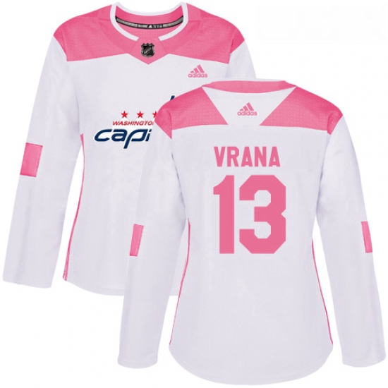 Womens Adidas Washington Capitals 13 Jakub Vrana Authentic WhitePink Fashion NHL Jersey