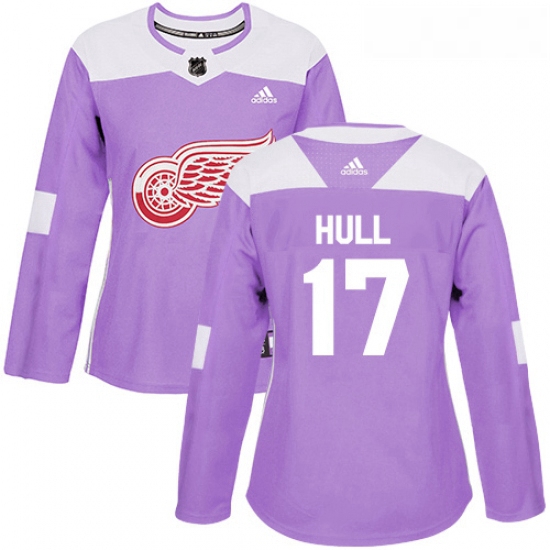 Womens Adidas Detroit Red Wings 17 Brett Hull Authentic Purple Fights Cancer Practice NHL Jersey