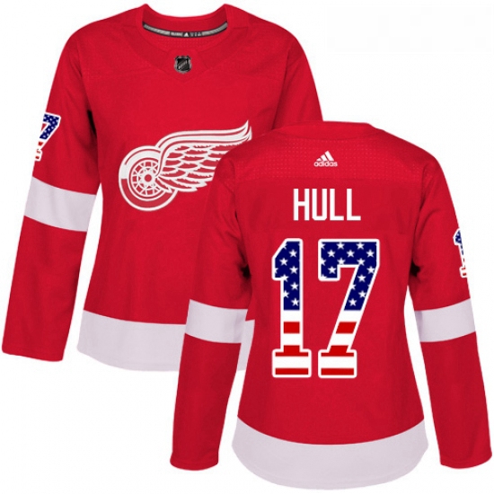 Womens Adidas Detroit Red Wings 17 Brett Hull Authentic Red USA Flag Fashion NHL Jersey