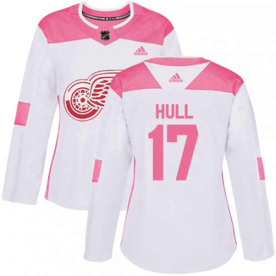 Womens Adidas Detroit Red Wings 17 Brett Hull Authentic WhitePink Fashion NHL Jersey