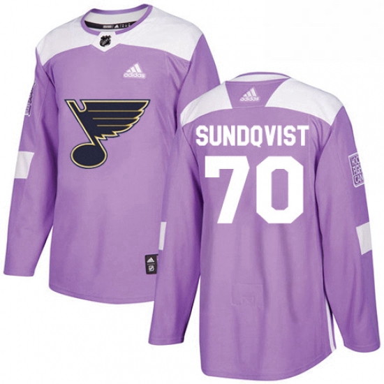 Mens Adidas St Louis Blues 70 Oskar Sundqvist Authentic Purple Fights Cancer Practice NHL Jersey