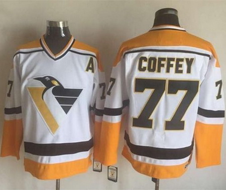 Penguins #77 Paul Coffey WhiteYellow CCM Throwback Stitched NHL Jersey