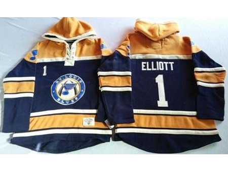 St. Louis Blues 1 Brian Elliott Navy Blue Gold Sawyer Hooded Sweatshirt Stitched Jersey