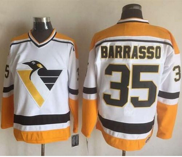 Penguins #35 Tom Barrasso WhiteYellow CCM Throwback Stitched NHL Jersey