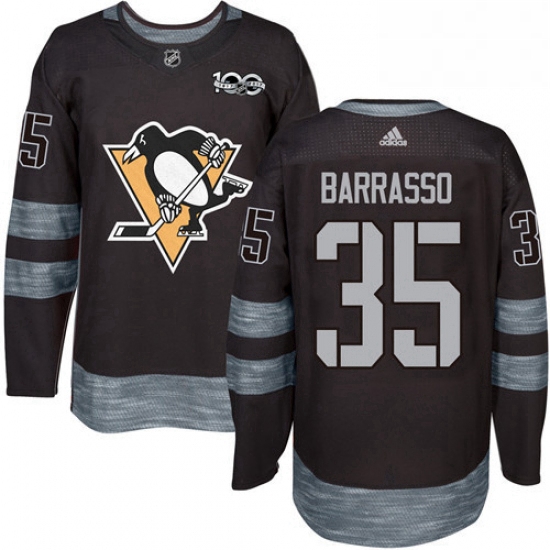 Mens Adidas Pittsburgh Penguins 35 Tom Barrasso Authentic Black 1917 2017 100th Anniversary NHL Jers