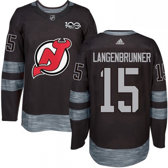 Mens Adidas New Jersey Devils 15 Jamie Langenbrunner Authentic Black 1917 2017 100th Anniversary NHL