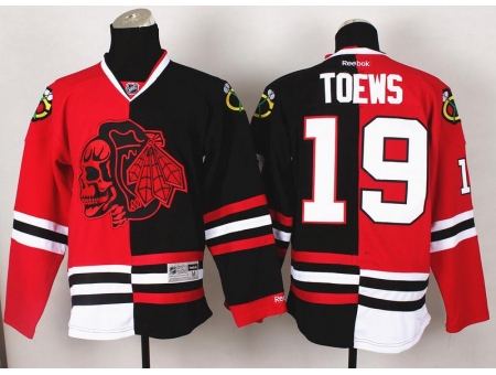 Chicago Blackhawks 19 Jonathan Toews Red Skull Logo Fashion Black Red Split NHL Jerseys