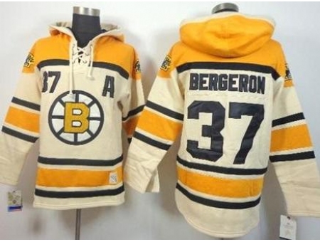 Boston Bruins #37 Patrice Bergeron Cream Stitched NHL Sawyer Hooded Sweatshirt Jersey