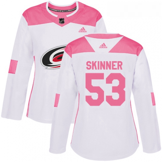 Womens Adidas Carolina Hurricanes 53 Jeff Skinner Authentic WhitePink Fashion NHL Jersey