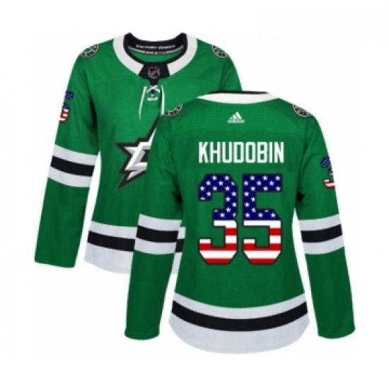 Womens Adidas Dallas Stars 35 Anton Khudobin Authentic Green USA Flag Fashion NHL Jersey