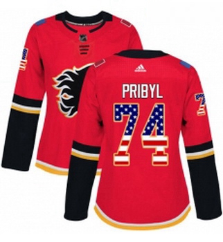 Womens Adidas Calgary Flames 74 Daniel Pribyl Authentic Red USA Flag Fashion NHL Jersey