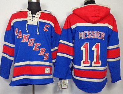 New York Rangers 11 Mark Messier Blue Lace-Up Jersey Hoodies