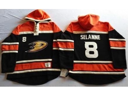 Anaheim Ducks 8 Teemu Selanne Black Sawyer Hooded Sweatshirt Stitched NHL Jersey