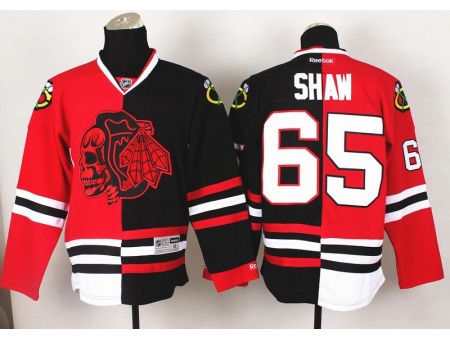 Chicago Blackhawks 65 Andrew Shaw Red Skull Logo Fashion Black Red Split NHL Jerseys