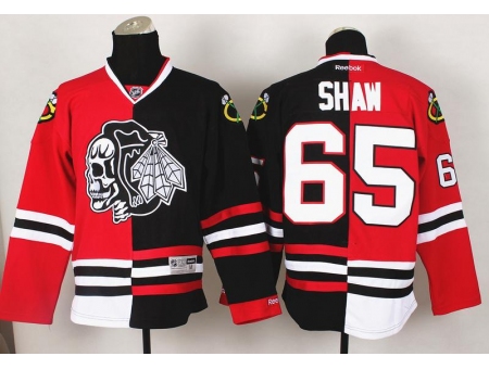 Chicago Blackhawks 65 Andrew Shaw White Skull Logo Fashion Black Red Split NHL Jerseys