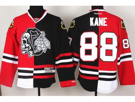 Chicago Blackhawks 88 Patrick Kane White Skull Logo Fashion Black Red Split NHL Jerseys