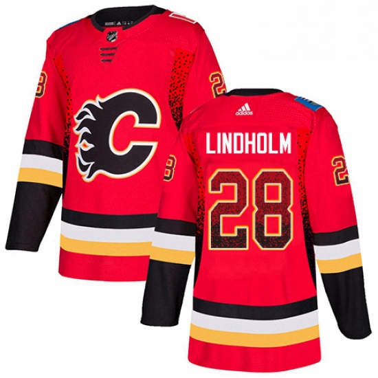 Mens Adidas Calgary Flames 28 Elias Lindholm Red Home Authentic Drift Fashion Stitched NHL Jersey