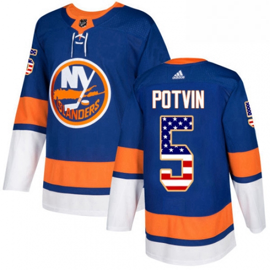 Mens Adidas New York Islanders 5 Denis Potvin Authentic Royal Blue USA Flag Fashion NHL Jersey