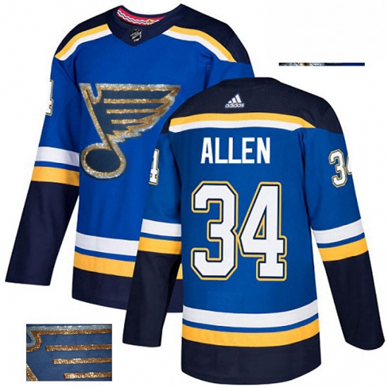 Mens Adidas St Louis Blues 34 Jake Allen Authentic Royal Blue Fashion Gold NHL Jersey