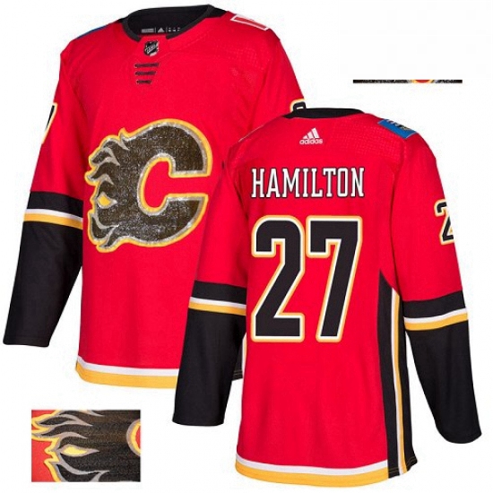 Mens Adidas Calgary Flames 27 Dougie Hamilton Authentic Red Fashion Gold NHL Jersey