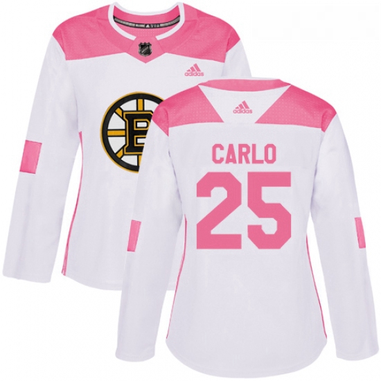 Womens Adidas Boston Bruins 25 Brandon Carlo Authentic WhitePink Fashion NHL Jersey