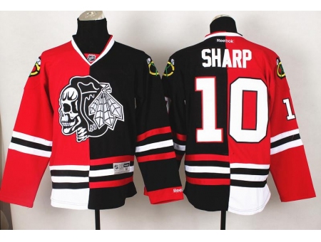 Chicago Blackhawks 10 Patrick Sharp White Skull Logo Fashion Black Red Split NHL Jerseys