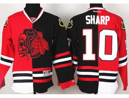 Chicago Blackhawks 10 Patrick Sharp Red Skull Logo Fashion Black Red Split NHL Jerseys