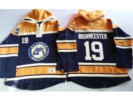 St. Louis Blues 19 Jay Bouwmeester Navy Blue Gold Sawyer Hooded Sweatshirt Stitched Jersey