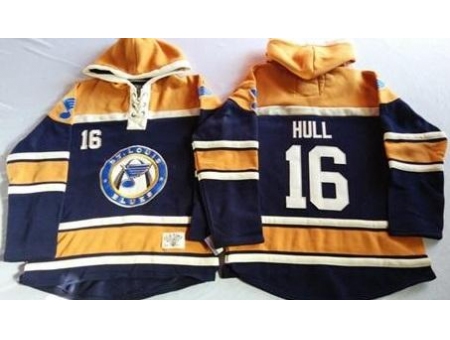 St. Louis Blues 16 Brett Hull Navy Blue Gold Sawyer Hooded Sweatshirt Stitched Jersey