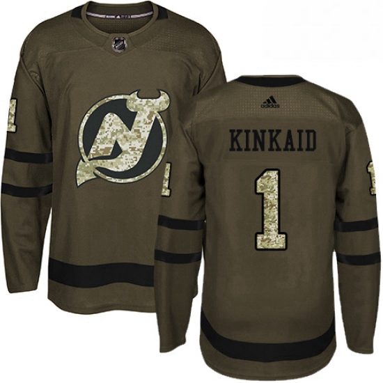 Mens Adidas New Jersey Devils 1 Keith Kinkaid Authentic Green Salute to Service NHL Jersey