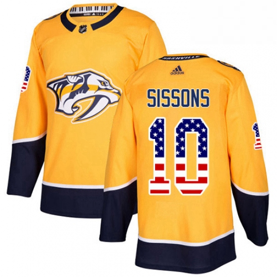 Mens Adidas Nashville Predators 10 Colton Sissons Authentic Gold USA Flag Fashion NHL Jersey