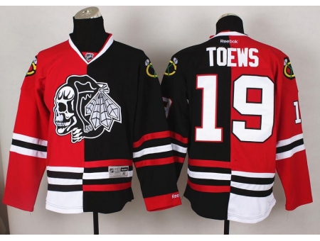 Chicago Blackhawks 19 Jonathan Toews White Skull Logo Fashion Black Red Split NHL Jerseys