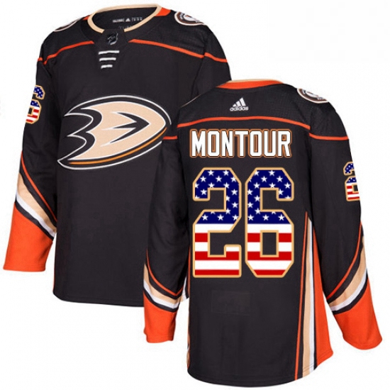 Mens Adidas Anaheim Ducks 26 Brandon Montour Authentic Black USA Flag Fashion NHL Jersey