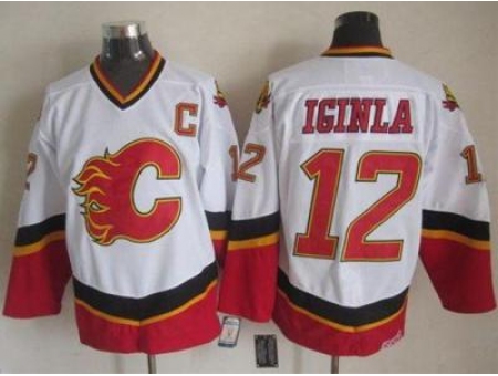 Calgary Flames #12 Jarome Iginla White Black CCM Throwback Stitched NHL Jersey