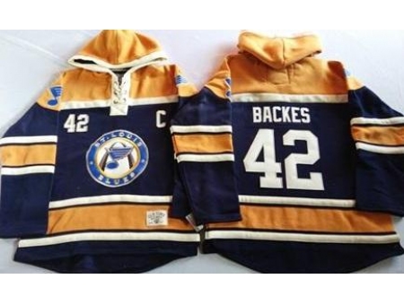 St. Louis Blues 42 David Backes Navy Blue Gold Sawyer Hooded Sweatshirt Stitched Jersey