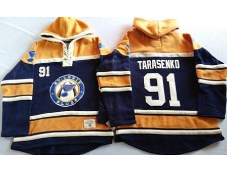 St. Louis Blues 91 Vladimir Tarasenko Navy Blue Gold Sawyer Hooded Sweatshirt Stitched Jersey