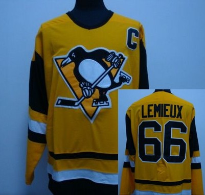 RBK hockey Pittsburgh Penguins #66 Marion Lemieux yellow jersey CCM w C patch