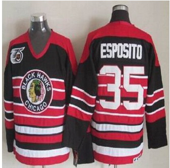 Chicago Blackhawks #35 Tony Esposito Red Black 75TH CCM Stitched NHL Jersey