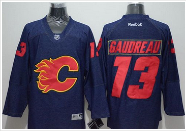 Calgary Flames #13 Johnny Gaudreau Navy Blue Denim Stitched NHL Jersey