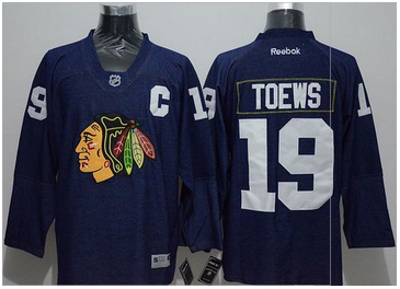 Chicago Blackhawks #19 Jonathan Toews Navy Blue Denim Stitched NHL Jersey