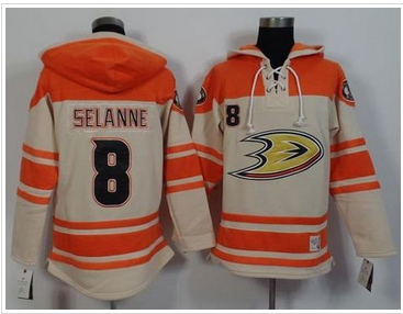 Anaheim Ducks #8 Teemu Selanne Cream Orange Sawyer Hooded Sweatshirt Stitched NHL Jersey