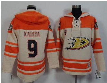 Anaheim Ducks #9 Paul Kariya Cream Orange Sawyer Hooded Sweatshirt Stitched NHL Jersey