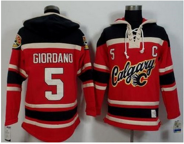 Calgary Flames #5 Mark Giordano Red Black Sawyer Hooded Sweatshirt Stitched NHL Jersey