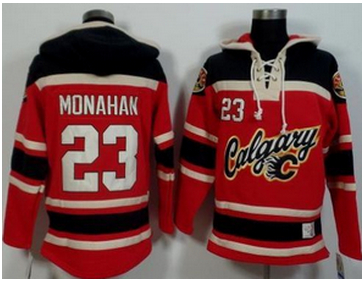 Calgary Flames #23 Sean Monahan Red Black Sawyer Hooded Sweatshirt Stitched NHL Jersey