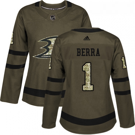 Womens Adidas Anaheim Ducks 1 Reto Berra Authentic Green Salute to Service NHL Jersey