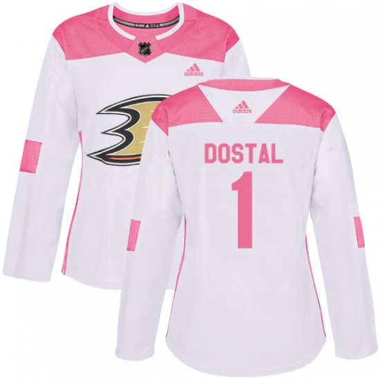 Womens Adidas Anaheim Ducks 1 Lukas Dostal Authentic White Pink Fashion NHL Jersey